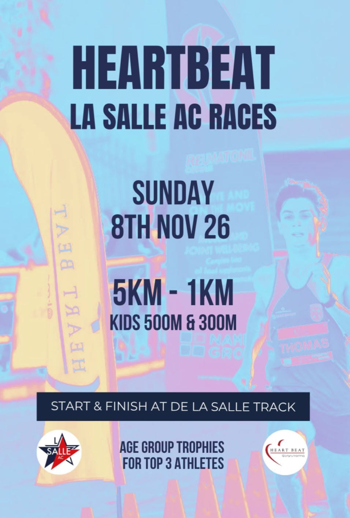 Heartbeat La Salle AC Races poster, Sunday 8 November 2026, starting and finishing at De La Salle track.